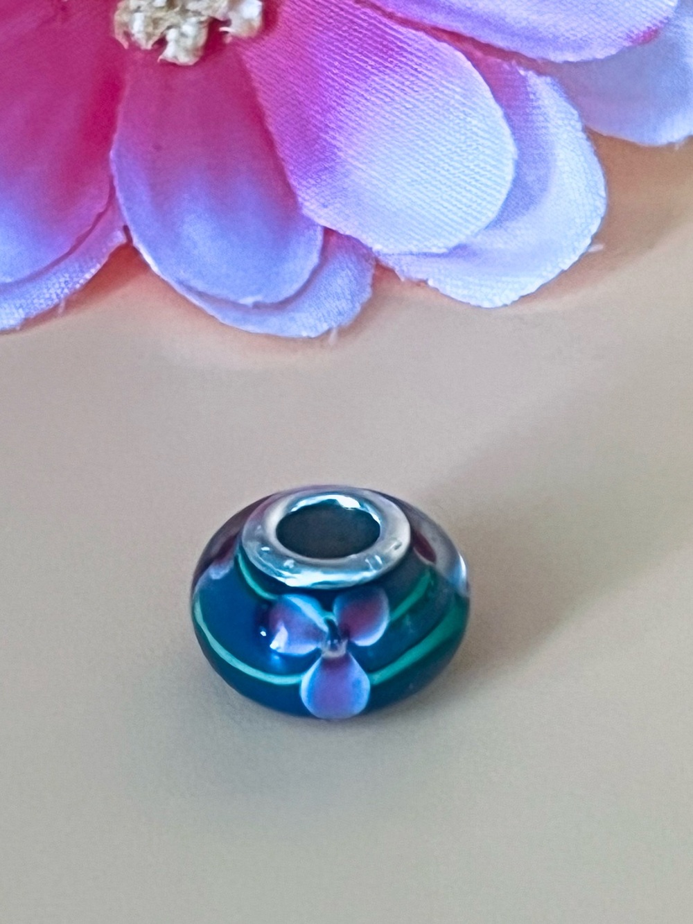 Vintage Sterling Silver 925 European Murano Glass Rose Slider Charm